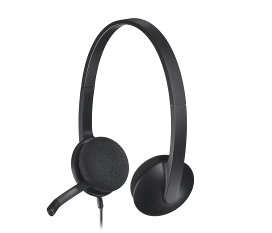 Logitech H340 USB Headset with digital stereo sound and noise-canceling microphone.